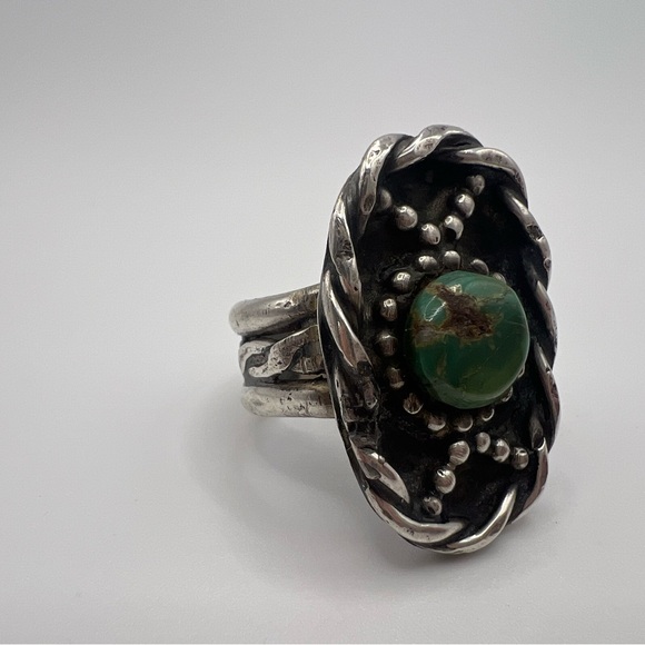 Green Turquoise Old Pawn Thick Band Sterling Silver 925 Ring, Size 8 - Picture 2 of 5
